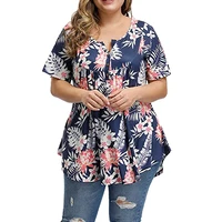 womens casual plus size short sleeve loose t shirts floral button pleated tunic tops v neck female pullover tops summer clothes