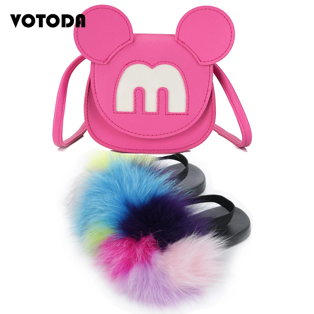 

Children Fur Slides Baby Elastic Strap Slippers Girl Coin Purse Handbag Wallet Sets Kids Cute Furry Fluffy Sandals Shoulder Bag