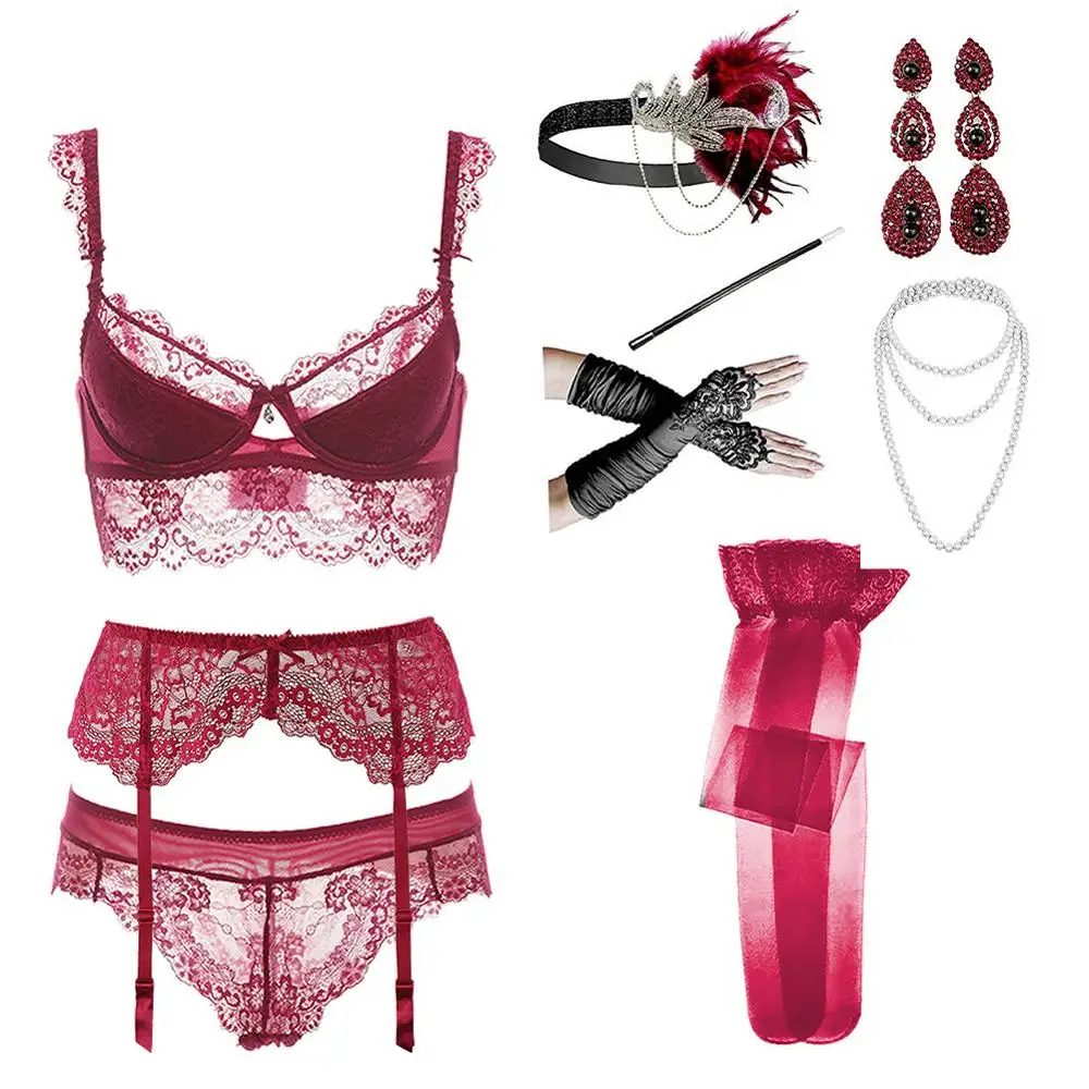 

Sexy Lace Lingerie Set Bra+Panties+Garter+Stockings+Headwear+Necklace+Earrings+Gloves+Baton 9 piece set CYHWR