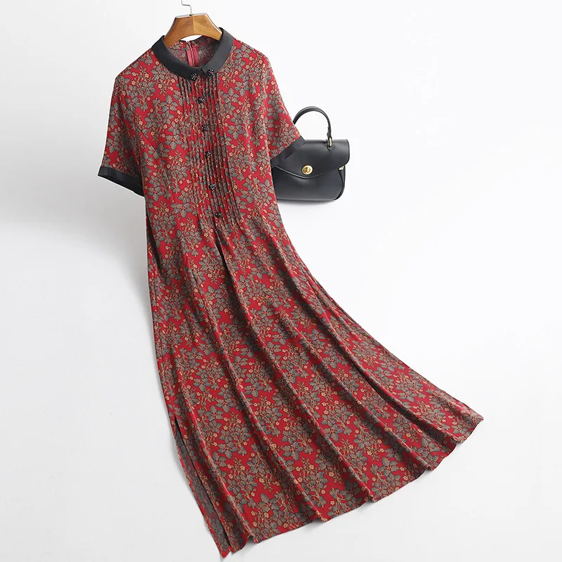 

2021 Women Spring Summer Elegant Print Dresses Lady O-neck Pleated High Waist Silk Vestidos Female Casual Loose A-line Dress K16