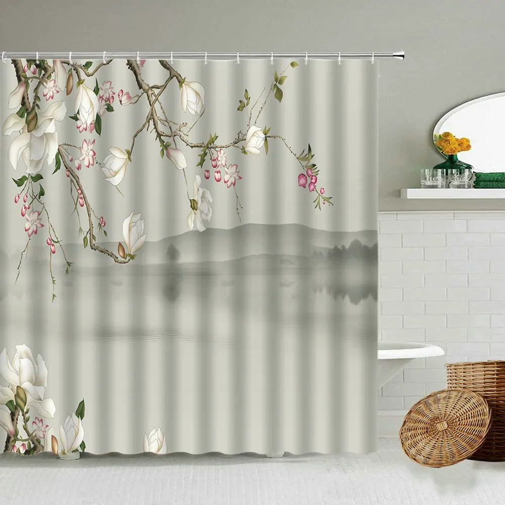 

Chinese Landscape Shower Curtain Home Bathroom Flowers Bird Ink Painting Wall Decor With Hook Hanging Cloth Curtains Washable