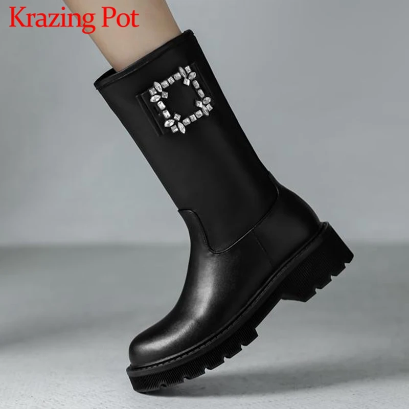 

Krazing Potr cow leather western boots big size 43 winter round toe waterproof crystal flowers med heels thigh high boots l08