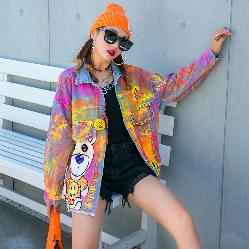 

Spring Autumn Fashion Brand Women Denim Jacket 2021 Women Colorful Graffiti Printed Jacket Female Cartoon Outwear