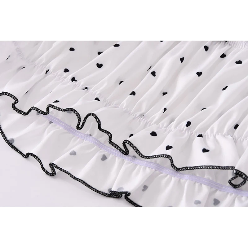 

French Style Women Short Blouses Vintage Streetwear Heart Printed Bow Lace Up Casual Shirts Slash Neck Female Chic Pullover Tops