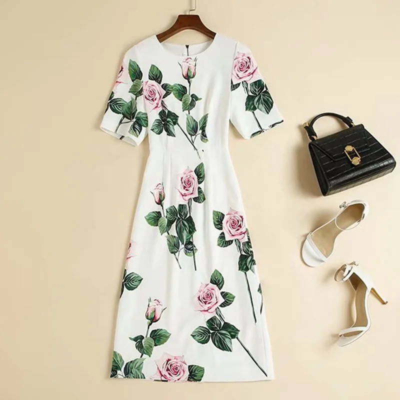 

women's European and American wear 2021 summer new style Rose print with five-minute sleeves and round neck Fashion white dress