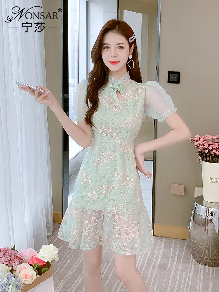 Новинка лета 2021 французское Сетчатое платье Ципао с вышивкой в стиле ретро