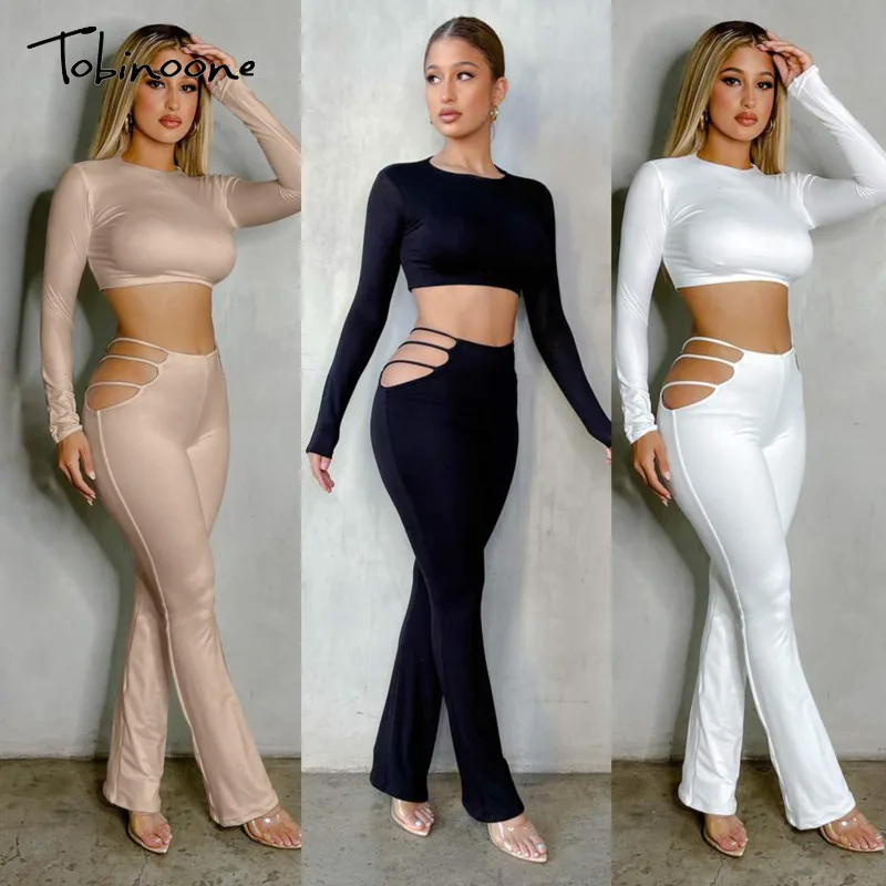 

Tobinoone Solid Ruched Hollow Out 2 Piece Sets Women O-Neck High Waist Autumn Pant Sets Soft Patchwork Sexy Party Women's Sets