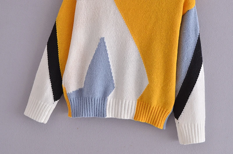 

Fall 2021 New Fashion O-Neck Long-Sleeve Color-Blocking Knit Sweater Top Women Multicolor Stitching Loose Slimming Pullover