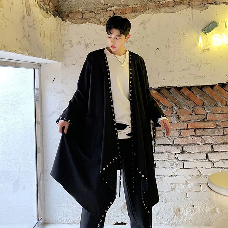 Длинный кардиган с лентами и заклепками для мужчин женщин свободная ветровка