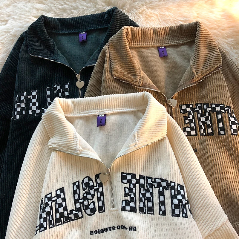 

Свитшот с отложным воротником в винтажном стиле, вельветовый пуловер с длинным рукавом, свободная уличная одежда в Корейском стиле Харадзю...