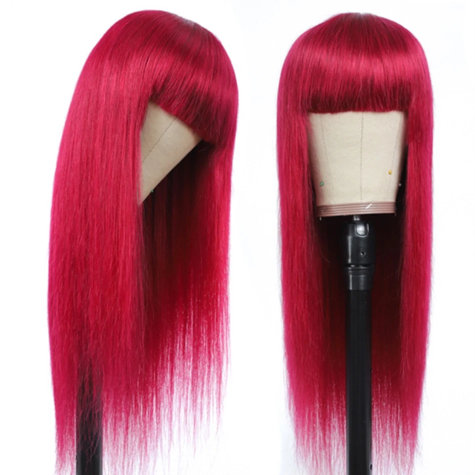 

Long Straight Burgundy Human Hair Wig with Bangs Peruvian Remy Hair Glueless Full Machine Made Wig for Women #99j #33
