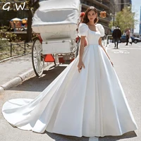puff sleeve a line satin wedding dress 2022 square neckline bride appliques modern zipper bridal gowns white robe de mari%c3%a9e