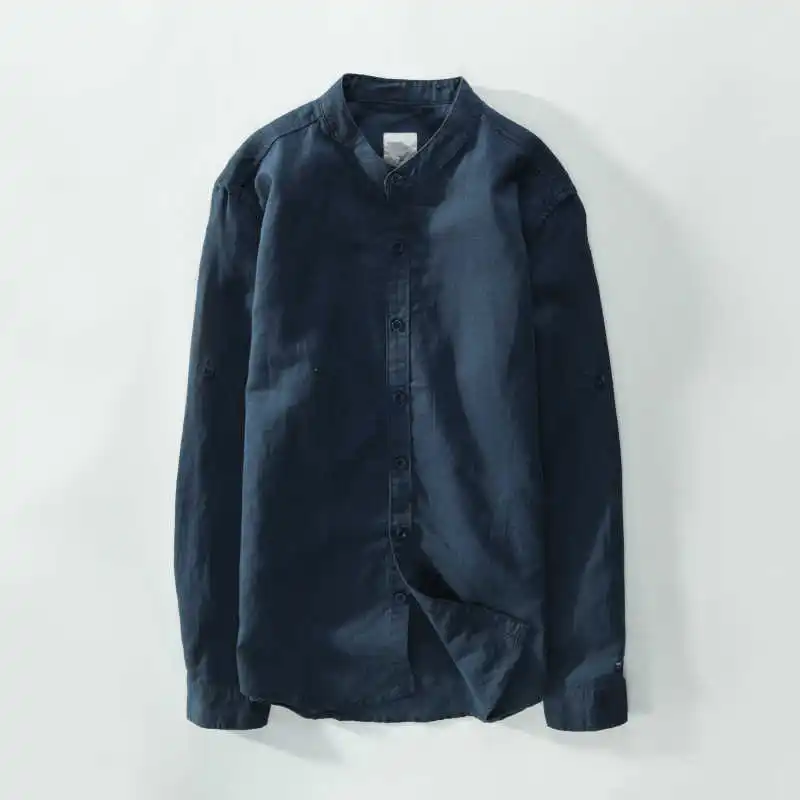 

Men's stand collar long sleeve shirt sky blue white gray khaki autumn spring linen cotton casual shirts men soft summer shirts