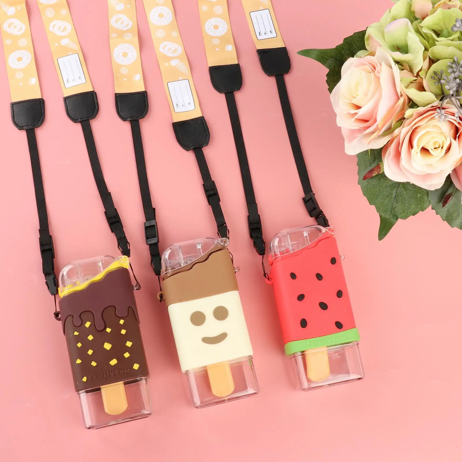 

Creative 300ml Water Bottle Ice Cream Shape with Straw Square with Strap Portable Bottles for Kids Silicone Shell for Sports