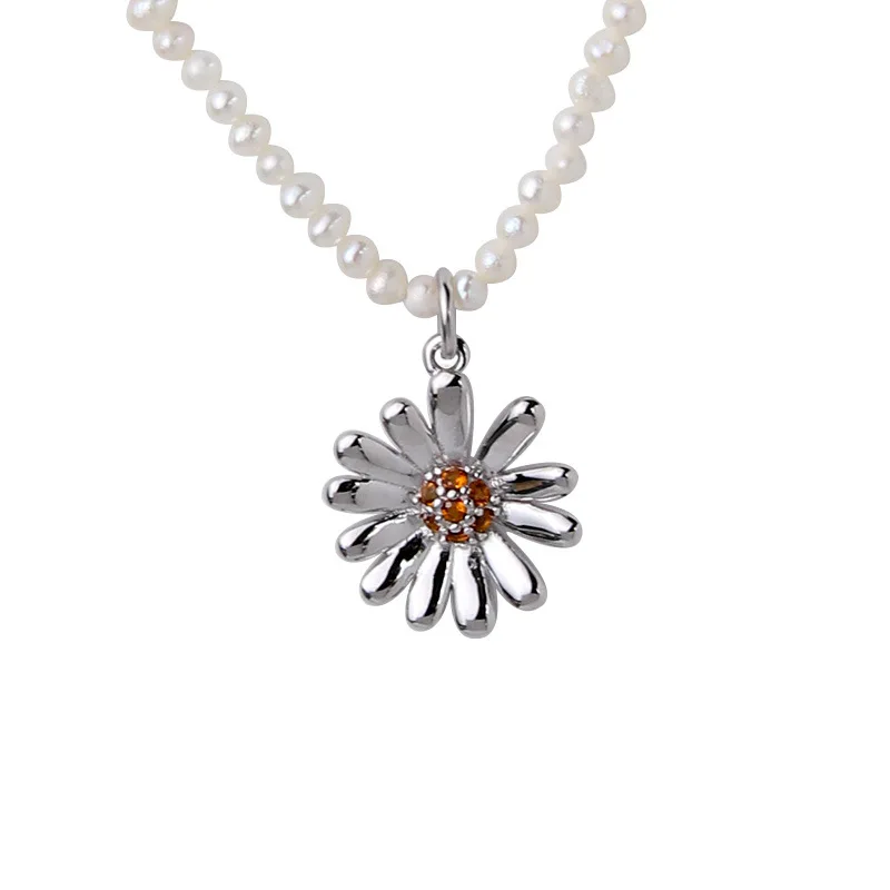 

Real 925 sterling silver daisy flower choker necklace women gifts, new natural freshwater pearls chain necklaces fine jewelry