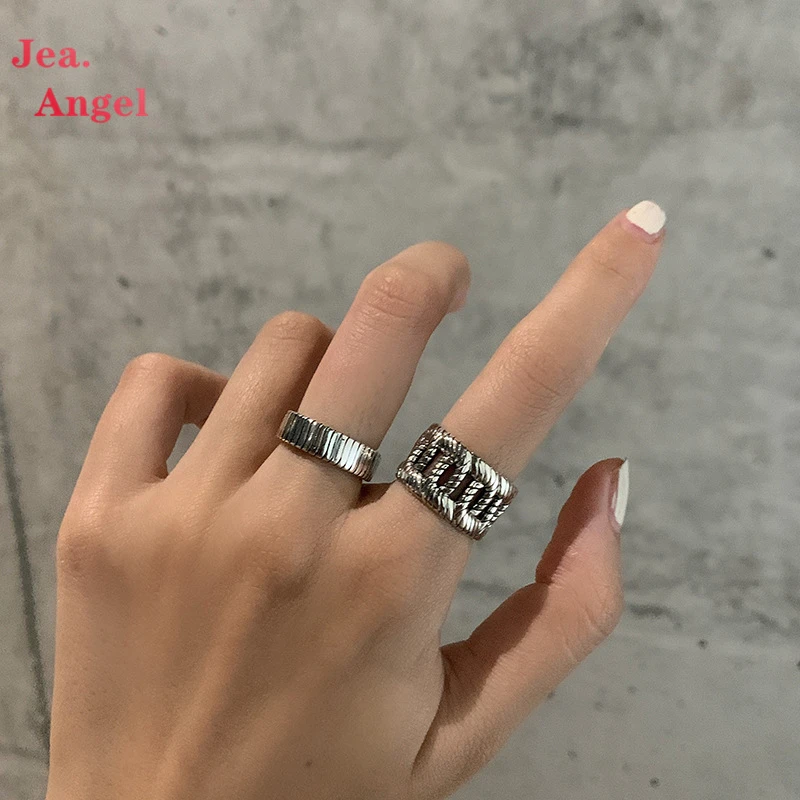 

Jea. Angel 925 Silver Vertical Texture Rings female Retro Fashion Personality Wide Edge Open Ring for Women Men Jewelry Gifts