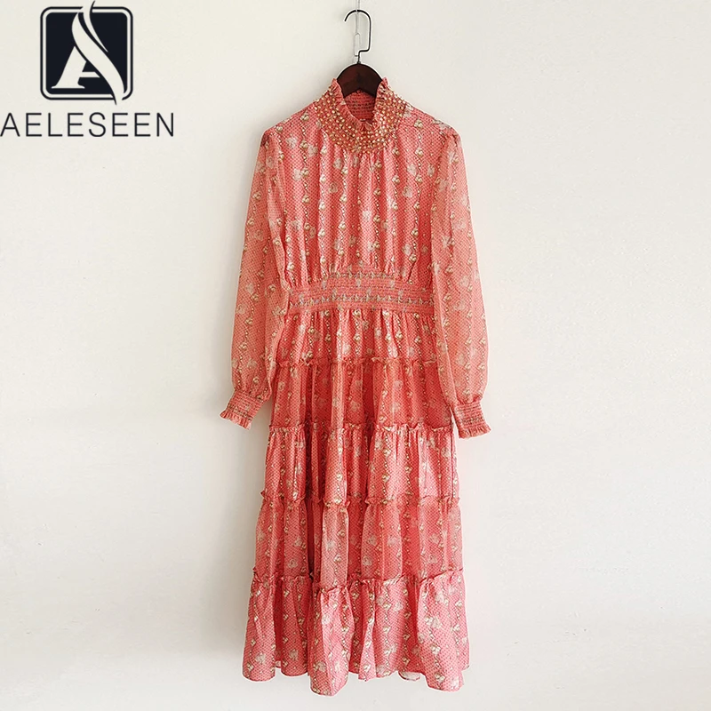 

Женское длинное пляжное платье AELESEEN, модельное платье с оборками и красным цветочным принтом, эластичное вечерние праздничное платье с бис...