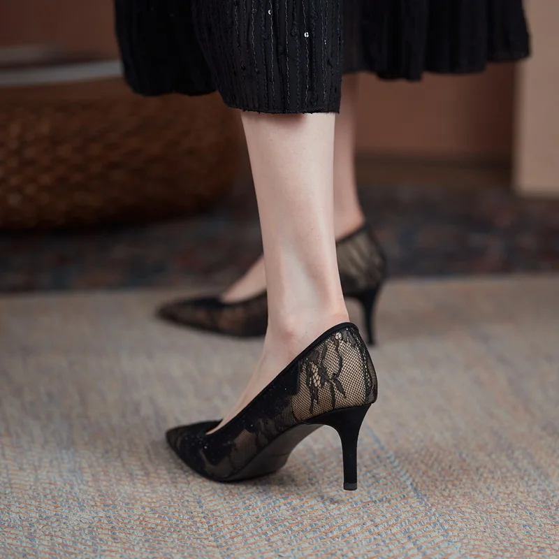 

ladies office silk shoes spring autumn high heels women classic thin heel pointed toe pumps sexy lace party wedding shoes woman
