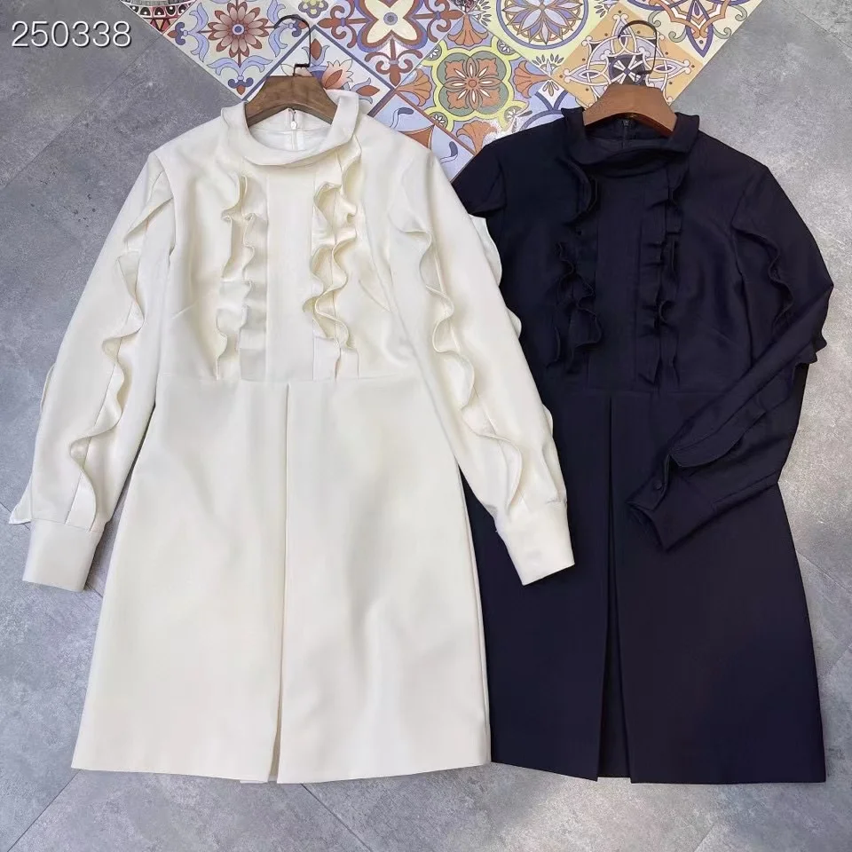 

Runway Fashion Autumn Vintage Mini Dress Women's O-Neck Long Sleeve Solid Ruffles Hot Sale Dresses