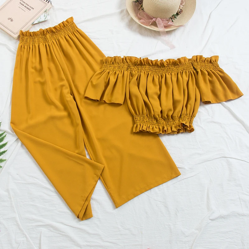 

Heliar High-Waisted Pants and Slash neck Printed Blouses Two Pieces Outfits 2020 Summer Women Sets two piece set tops and Pants