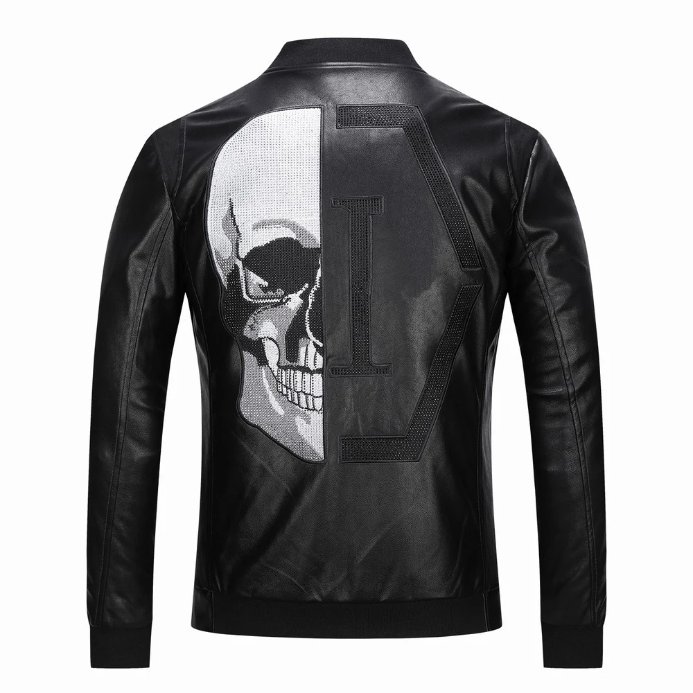 

Plein-brand men's PP skull embroidery leather jacket thick baseball collar leather jacket simulation leather motorcycle leather