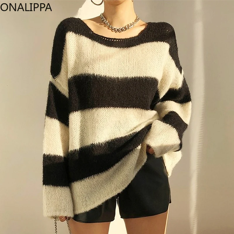 

Onalippa 2021 Women Pullover Autumn Winter Retro Black White Stripes Hit Color Round Neck Loose Wild Long Sleeve Knitted Sweater