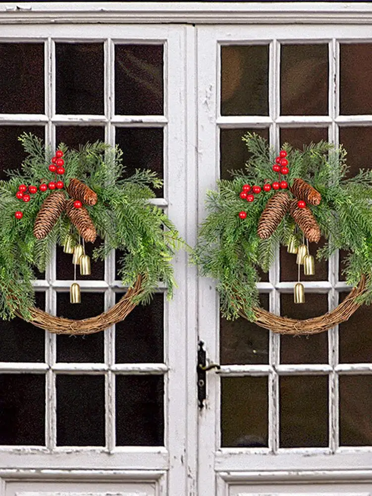 

Artificial Front Door Wreaths Artificial Christmas Garlands Christmas Wreath Decorated With Pine Cones Bell And Rattan For Fa