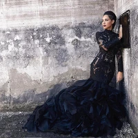 vintage black wedding dress high neck long sleeves lace applique gothic victorian formal dresses ruffle trains