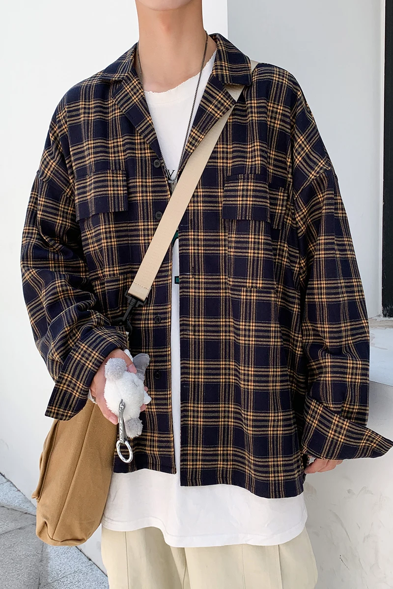 

2020 Spring And Autumn New Personality Youth Popular Long-sleeved Shirt Fashion Casual Plaid Lapel Shirt Jacket Yellow M-2XL