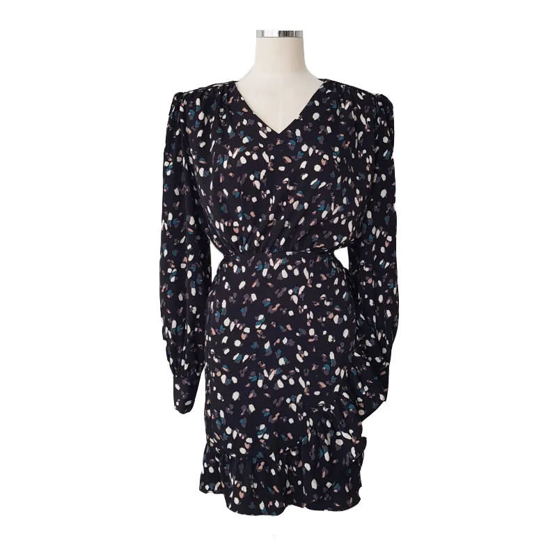 

2021 new Elegant Women Dress Printing Irregular Ruffles Hem Female Dress V-neck Lace-up Slim Waist Dress Vestidos Femme dress