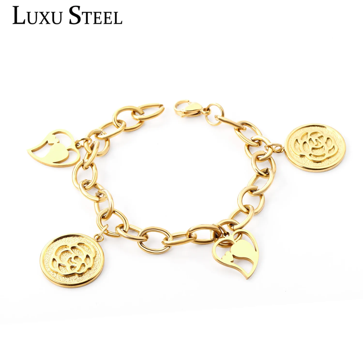 Роскошные стальные подвески в форме цветка и сердца браслеты из кубинской цепи нержавеющей стали стиле хип