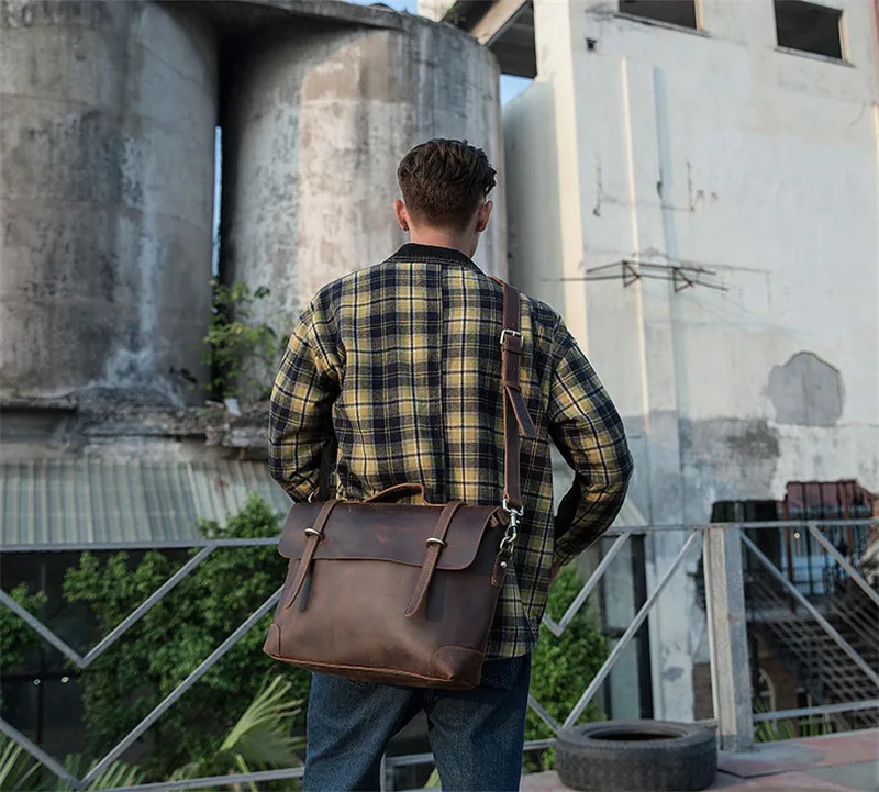 Retro simple designer natural crazy horse cowhide men's briefcase business luxury genuine leather work laptop messenger bag