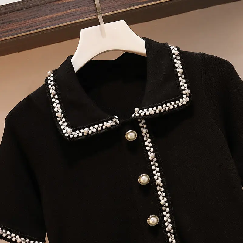 

Dress 2021 Summer New Unique High Waist Short Sleeve Black Vintage Dress Turn- down Collar Fastener Decoration plus Size Dress