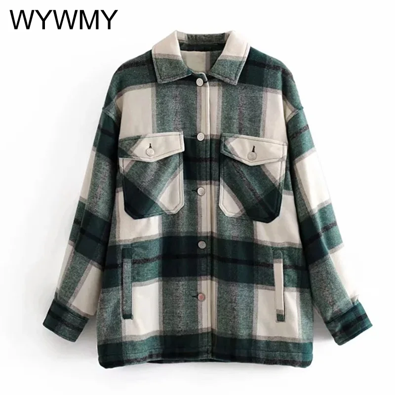 

Women's Autumn Winter Vintage Plaid Jacket Fashion Lapel Collar Oversized Outerwear Female Elegant Long Sleeve Pockets Chic Coat