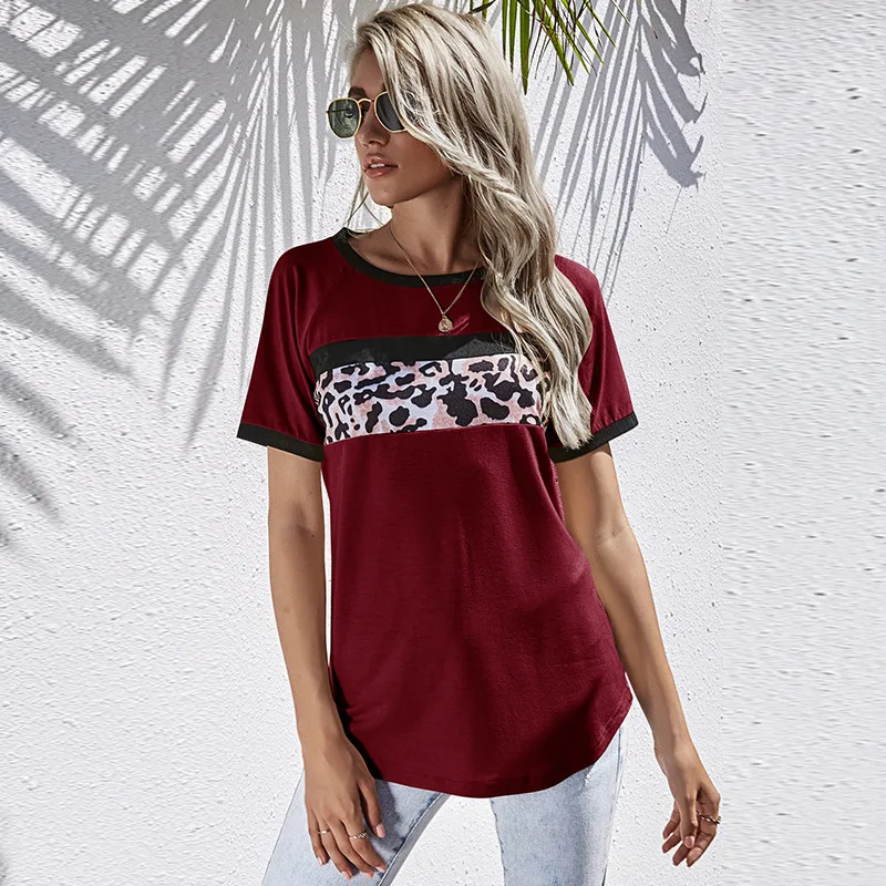

2021New Fashion Short Sleeve Cotton T Shirt Women O-Neck Leopard Patchwork Tee Shirt Female Loose Summer Tops Streetwear
