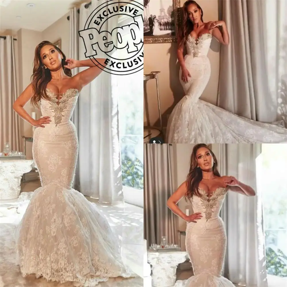 

2020 Fashion Wedding Dresses Strapless Lace Appliques Bridal Gowns Sexy Backless Sweep Train Mermaid Wedding Dress