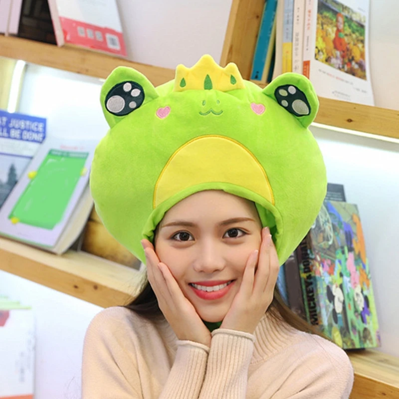 

Lovely Cartoon Prince Frog Plush Hat Funny Big Eyes Crown Stuffed Toys Headgear Warm Cap Performance Party Photo Props