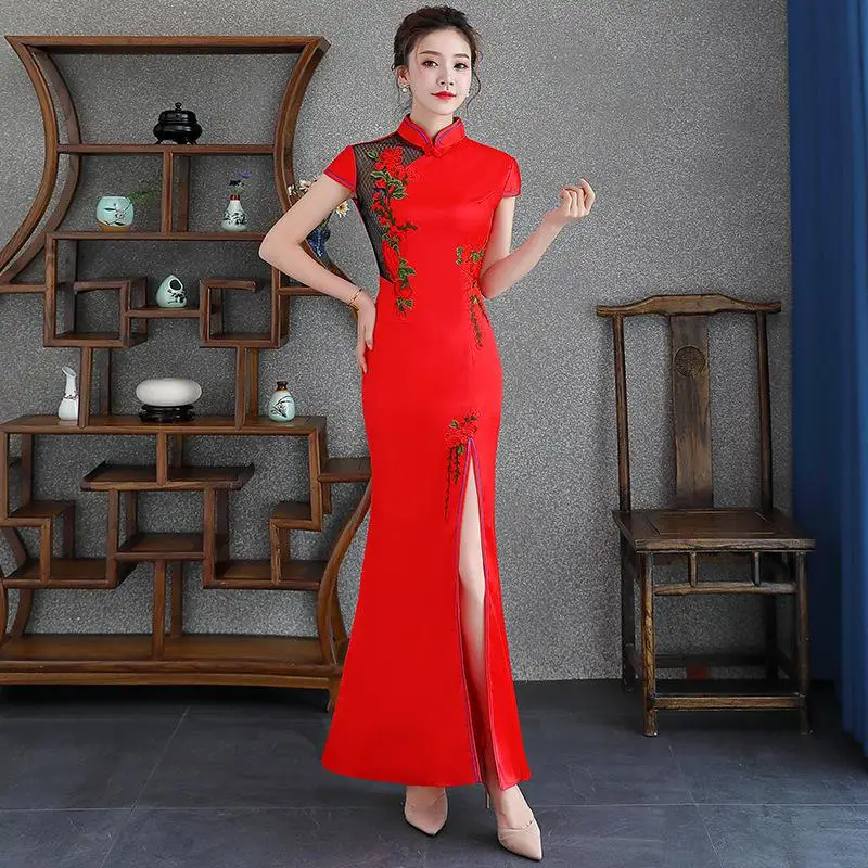 

Red Women's Cheongsam Flower Chinese Style Elegant Long Qipao Lady Party Dress Sexy Slim Wedding Gowns Vestidos XS-3XL