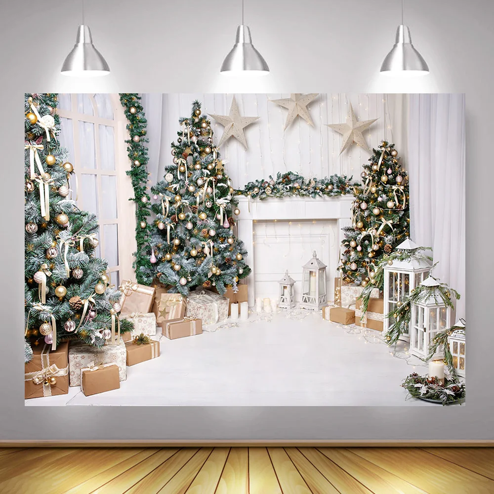 

Christmas Photography Backdrop Christmas Tree Gifts White Fireplace Background Winter Living Room Light Bells Star Photo Shoot