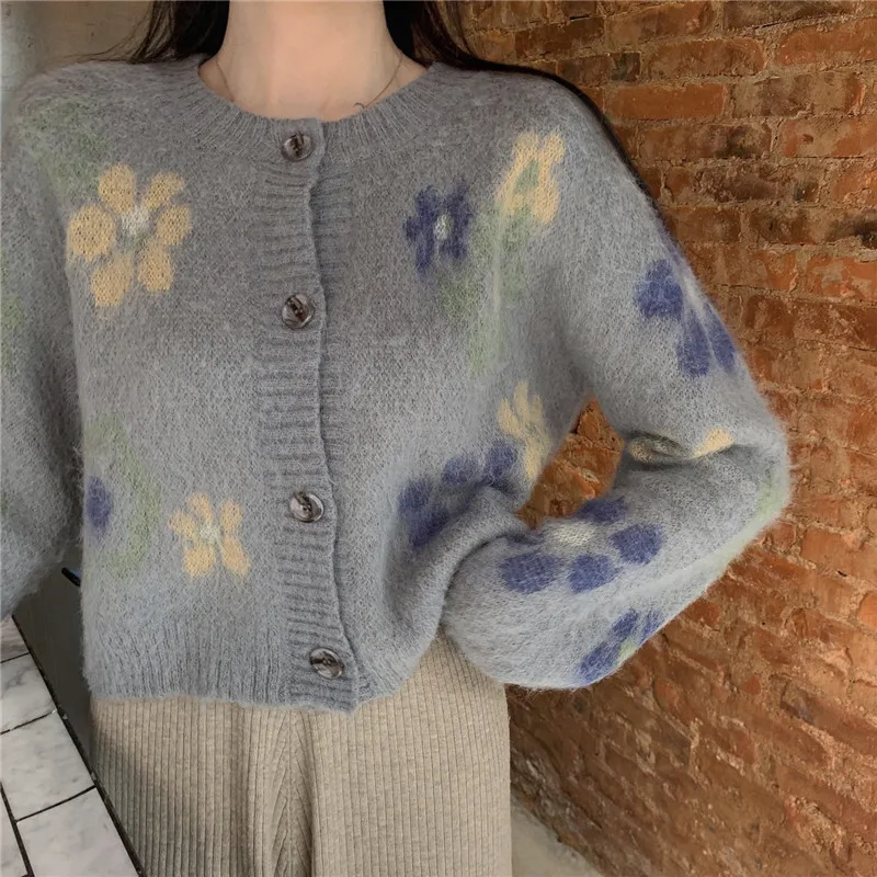 

Vintage Long Sleeve Hipster Knitted O-neck Cardigans Autumn Winter Women's Clothing Floral Sweater Female Fashion Brand New