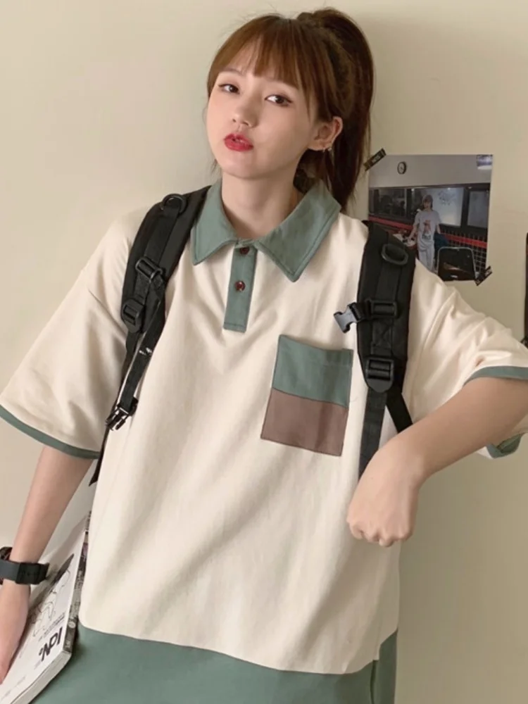

Japanese Brief Color Matching Cotton T-shirt Female Turn-down Collar Korean Student Plus Size T-shirt Short Sleeve Summer Top