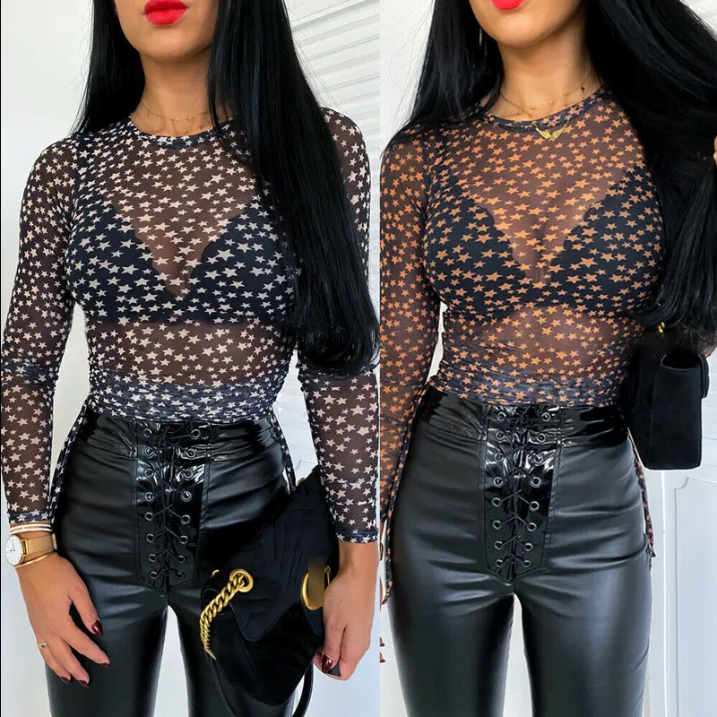 Женская прозрачная сетчатая блузка с длинным рукавом Одежда для клуба бикини |