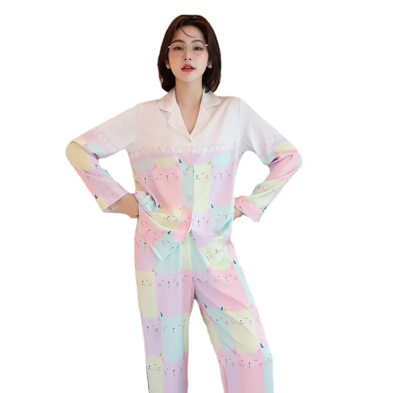 

2021 New Silk Cardigan Pajamas Women's Spring and Autumn Cute Cat Print Long-Sleeved Trousers Two-Piece Sleepwear