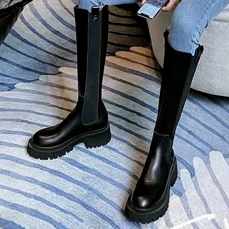New Fashion Plus Size 34-43 Genuine Leather Knee High Boots Women Zip Square Heels Brand Winter Boots Female Chunky Ladies Botas