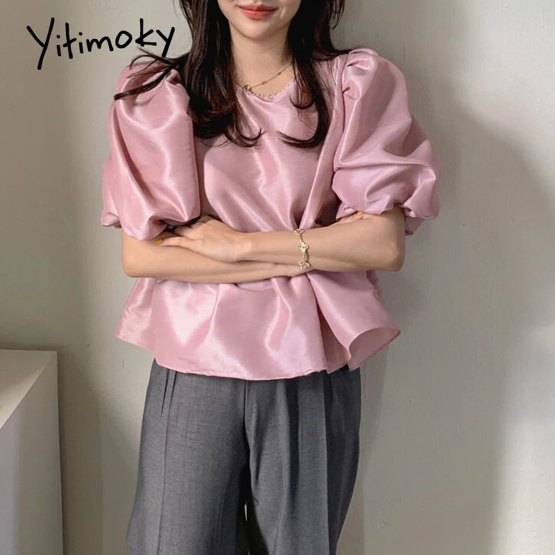 

Женская винтажная блузка Yitimoky, с пышными рукавами и круглым вырезом, летняя, 2021, корейский стиль, повседневный офисный пуловер белого, розов...