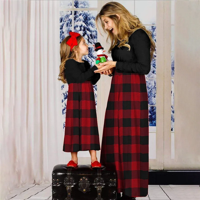 

2021 Family Matching Autum Clothes Patchwork Long Sleeve Maxi Dress Women Mother Daughter Flower Grid Girl Dresses Mom And Me
