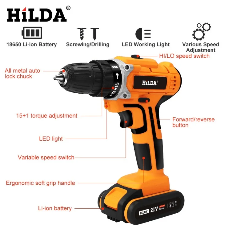 21V Household waterproof Electric Drill With Rechargeable Lithium Battery Screwdriver Cordless Power Tools | Инструменты