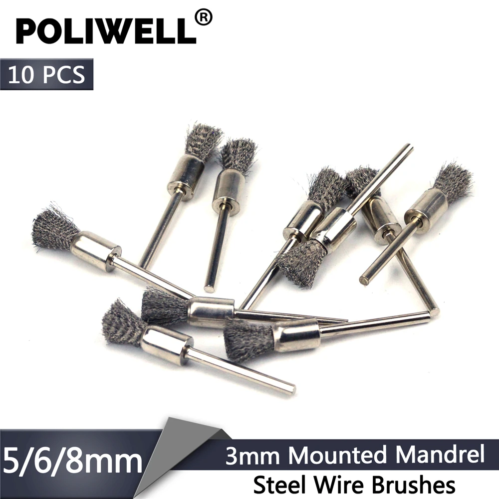 

POLIWELL 10PCS 5/6/8mm Steel Wire Brushes 3mm Mounted Mandrel Mini Pen Brush Rust Removal Polishing for Dremel Rotary Tools