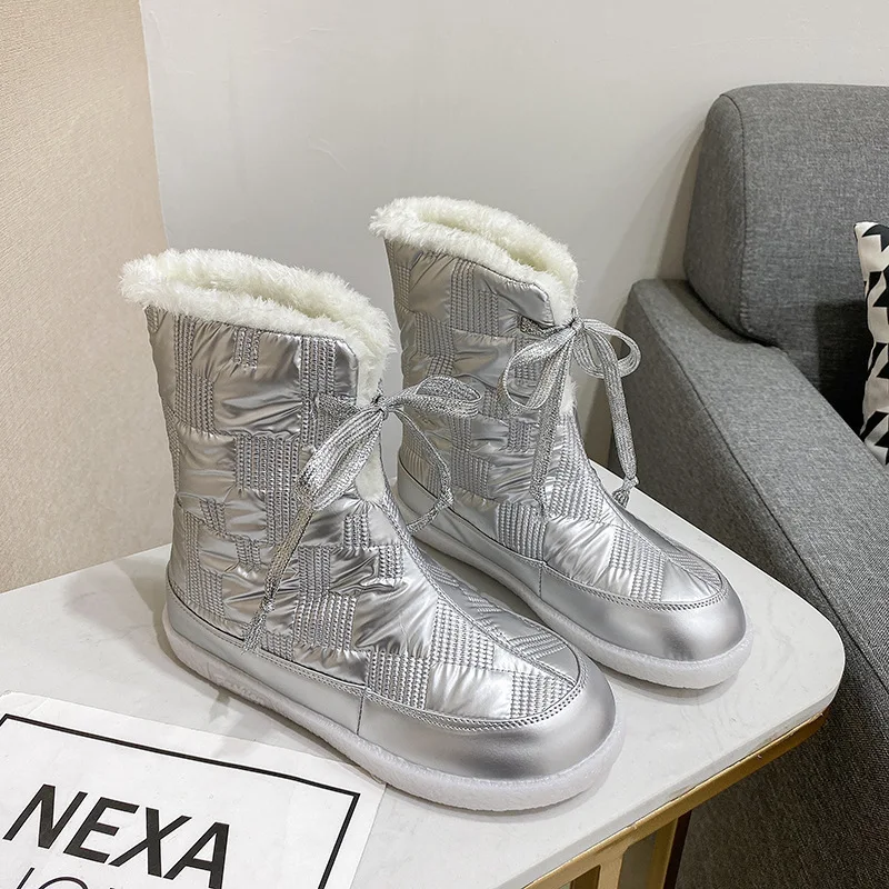 

Cotton Shoes 2021 Winter New Comfortable Flat Bottom Lace Round Toe Warmth Ladies Snow Boots Deep Mouth Pure Color Trendy Boots