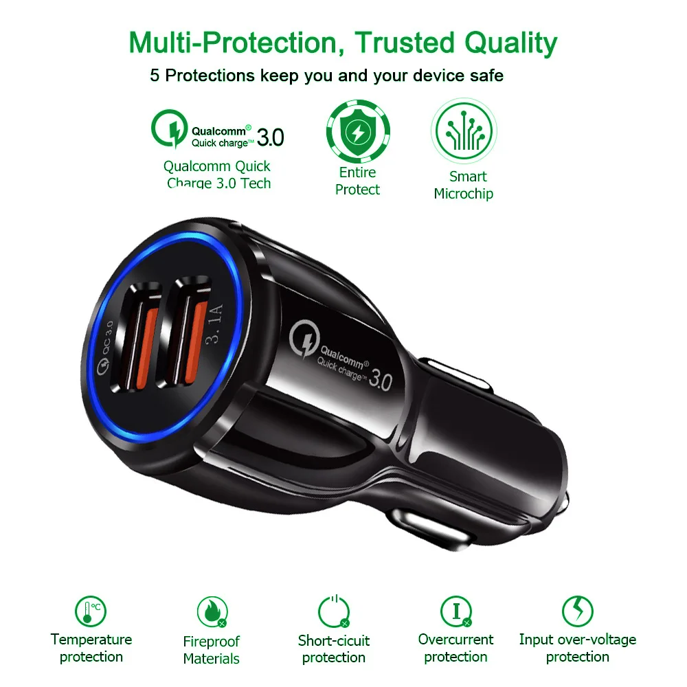 Фото Автомобильное зарядное устройство QC3.0 с двумя usb-портами для быстрой зарядки мини Автомобильное зарядное устройство QC3.0 с двумя usb-портами для быстрой зарядки мини